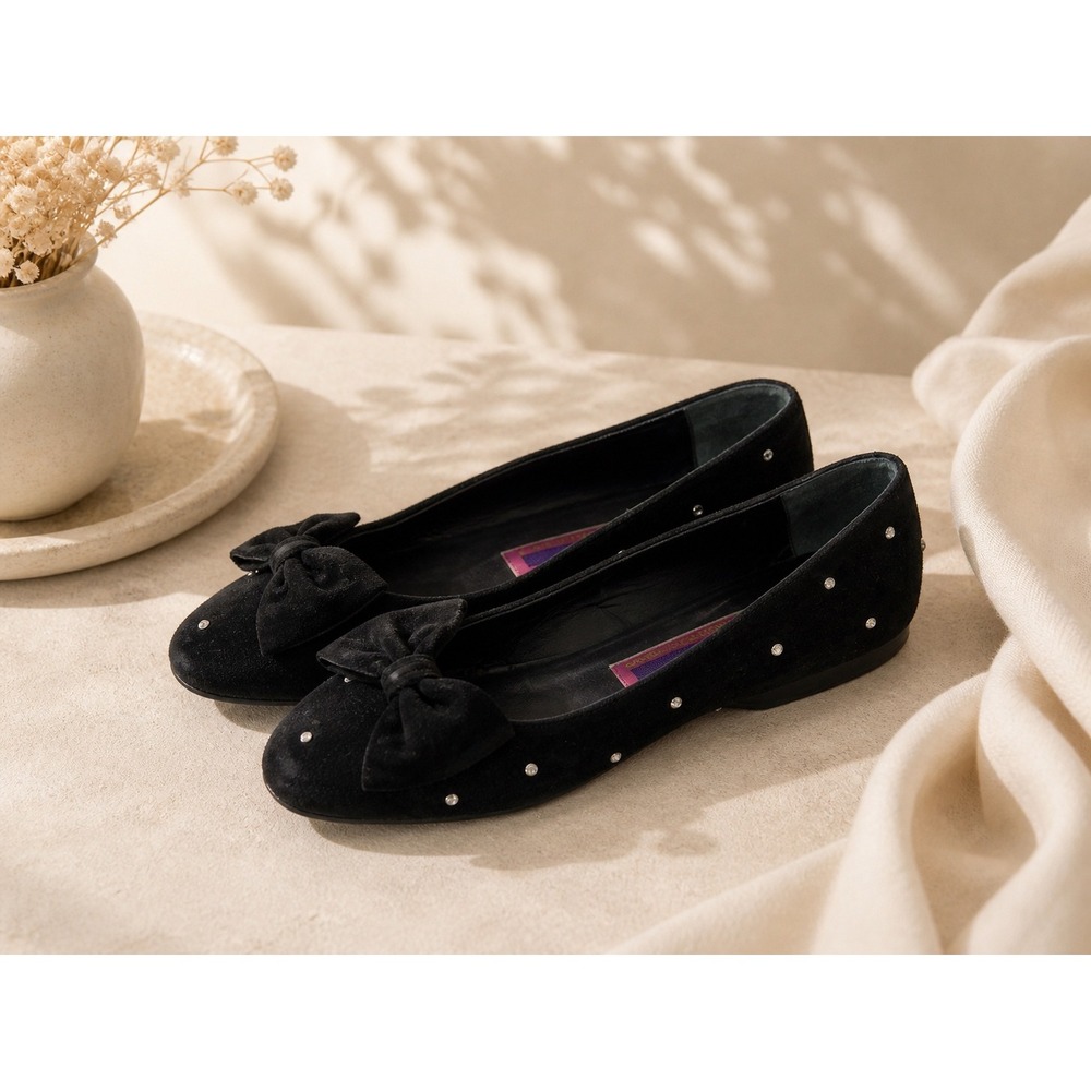 Susan Bennis Warren Edwards Black Suede Studded Bow Ballet Flats 5387 Size 9 VTG